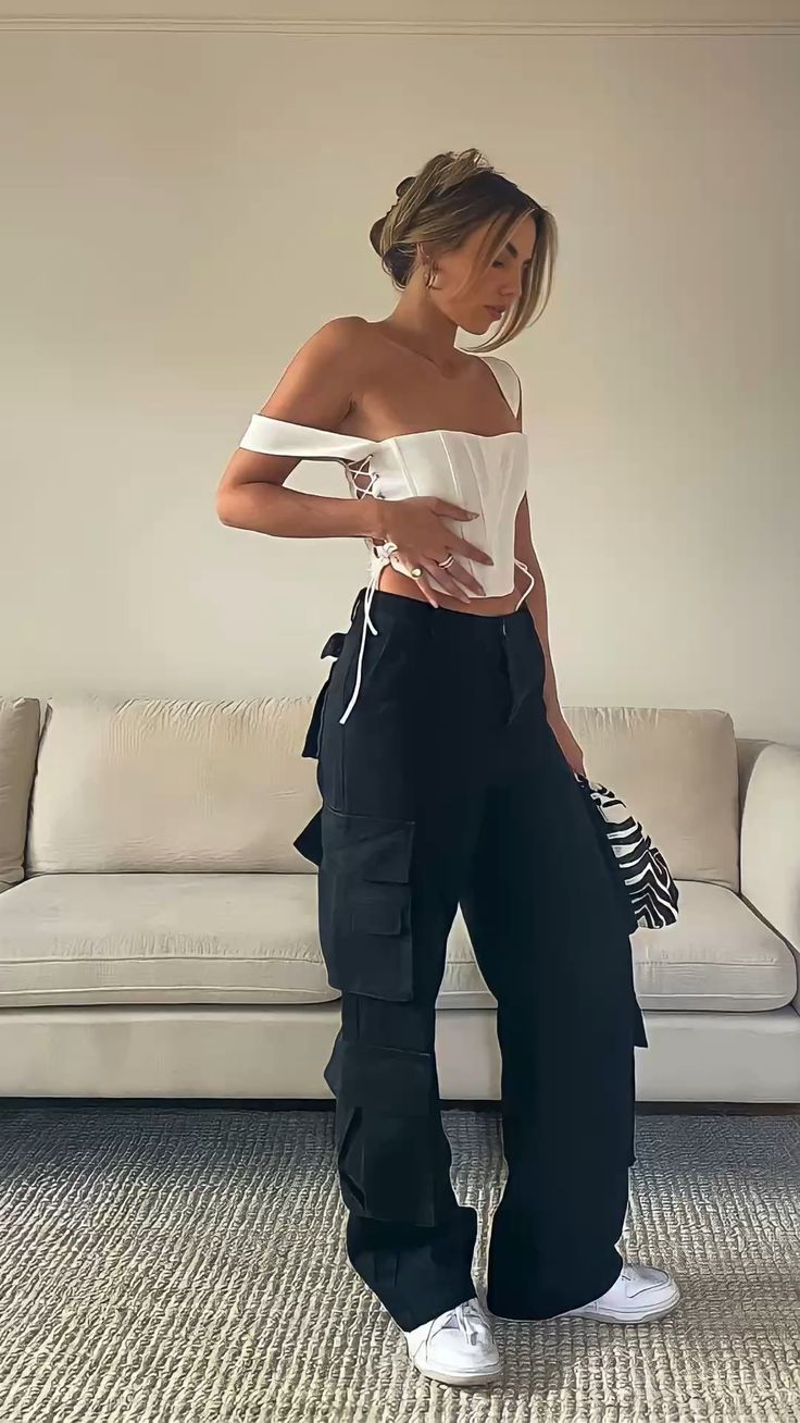 White Top with Black Cargo Pants